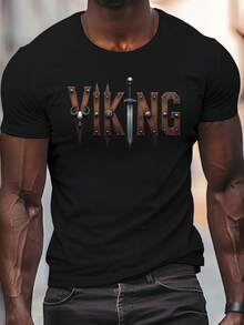 Camiseta de Manga Corta con Cuello Redondo para Hombre, Diseño Medieval VIKING, Talla Grande de Verano - Negro - Ver 1