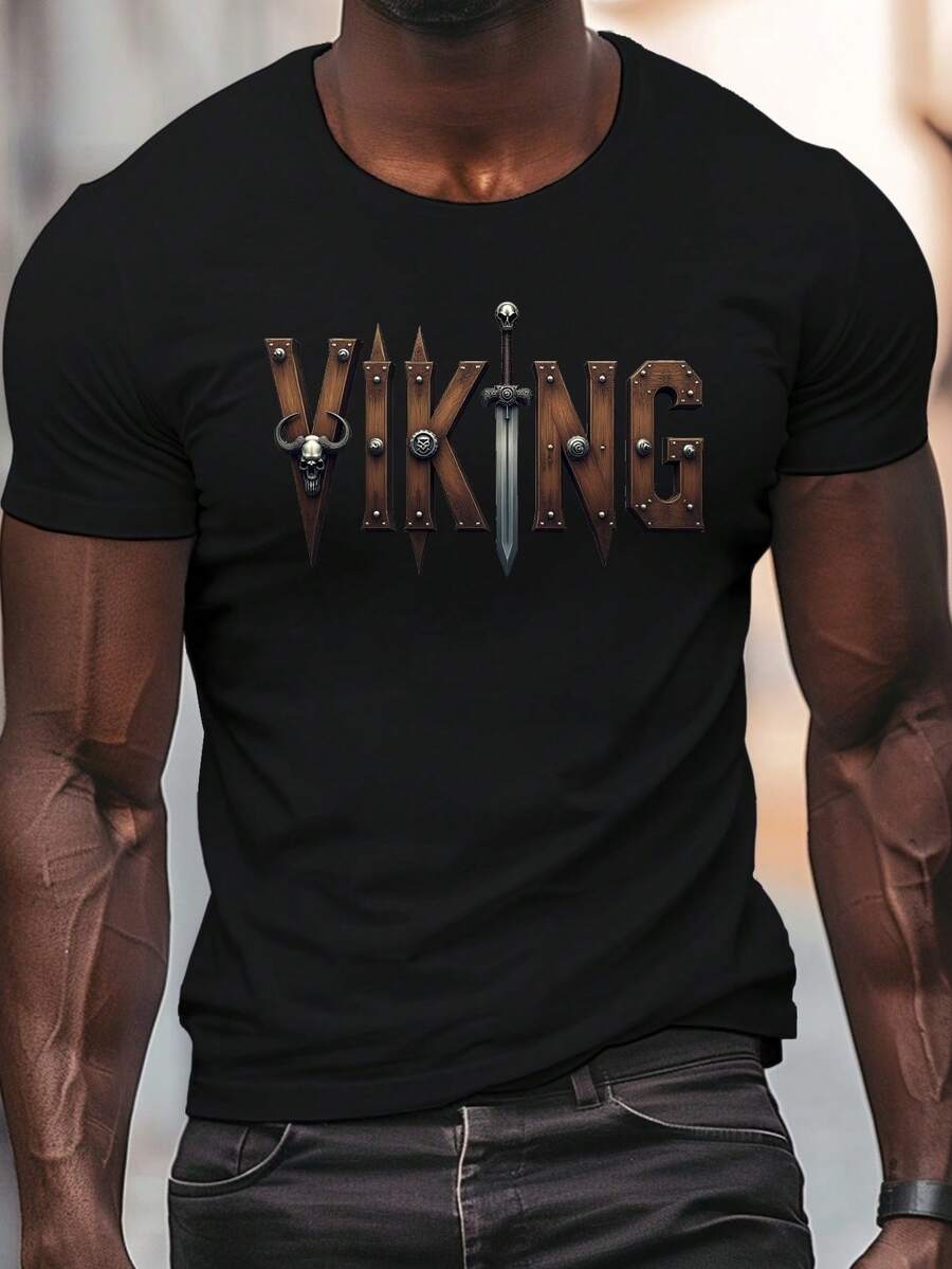 Camiseta de Manga Corta con Cuello Redondo para Hombre, Diseño Medieval VIKING, Talla Grande de Verano - Negro - Ver 1