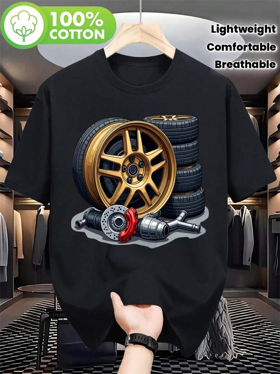 Men's Graphic Tee With A Gold Alloy Wheel And Car Mechanic Design - A Lightweight And Breathable Summer Tee Perfect For Car Lovers, Mechanics, And Enthusiasts. This Comfortable Casual Crew Neck Tee Features Tire And Wheel Patterns. - 黑色 - 查看 1