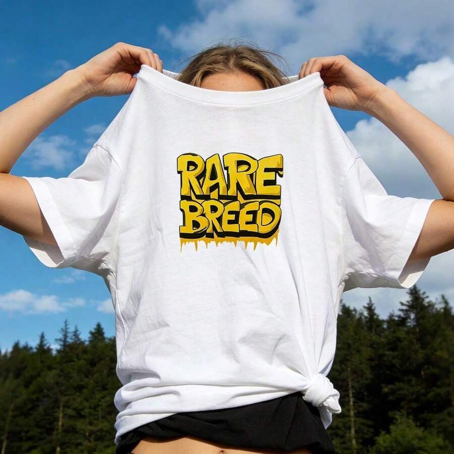 Women's Summer Clothing, Casual Soft Cotton T-Shirt With Round Neck, RARE BREED Letter Print Urban Graffiti Style. Black. - 白色 - 查看 1