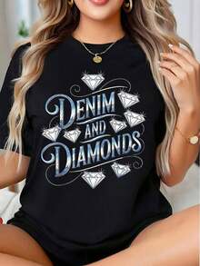 Women's Graphic Denim And Diamond T-Shirt, Fashion Shirt, Casual Garment, Summer Clothing Option, It's A Perfect Gift For Friends And Family On Any Holiday Or Special Occasion. - 黑色 - 查看 2