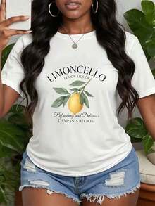 Women's Summer Casual T-Shirt With Letter And Fruit Print, Short Sleeve Lemon Design T-Shirt, Graphic T-Shirt With Lemon And Bow Design, Casual Vacation Style T-Shirt, Summer Clothing, 100% Cotton, Durable - 白色 - 查看 1