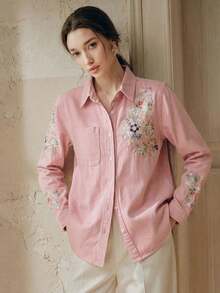 Camisa de mujer de manga larga con bordado floral elegante, romántica para fiestas, vacaciones, combina con jeans, primavera/verano - Rosa - Ver 6