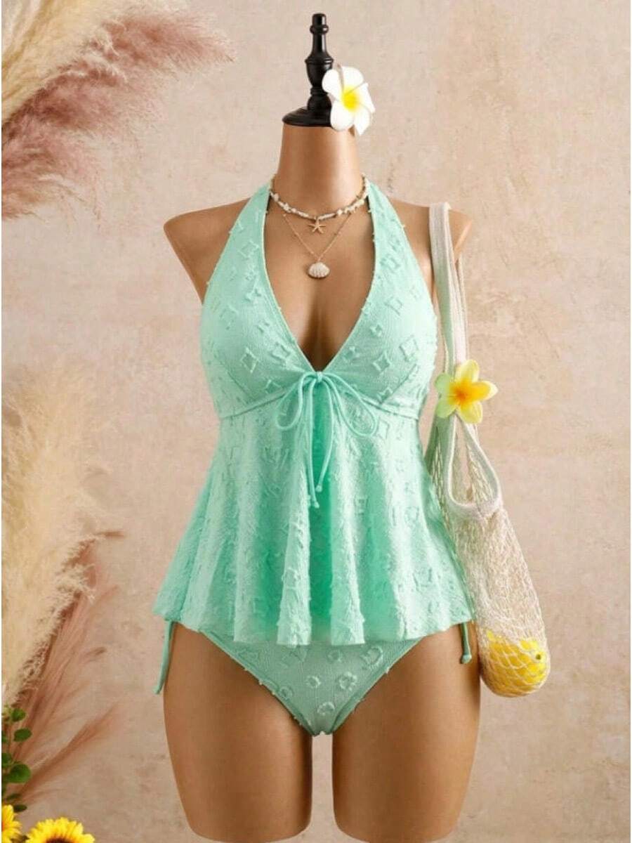 Lace Swimsuit With Halter Neck, Adjustable Straps, Ruffles, Two-Piece Bikini That Enhances The Figure, Ideal For Hot Springs. - 淺綠色 - 查看 1