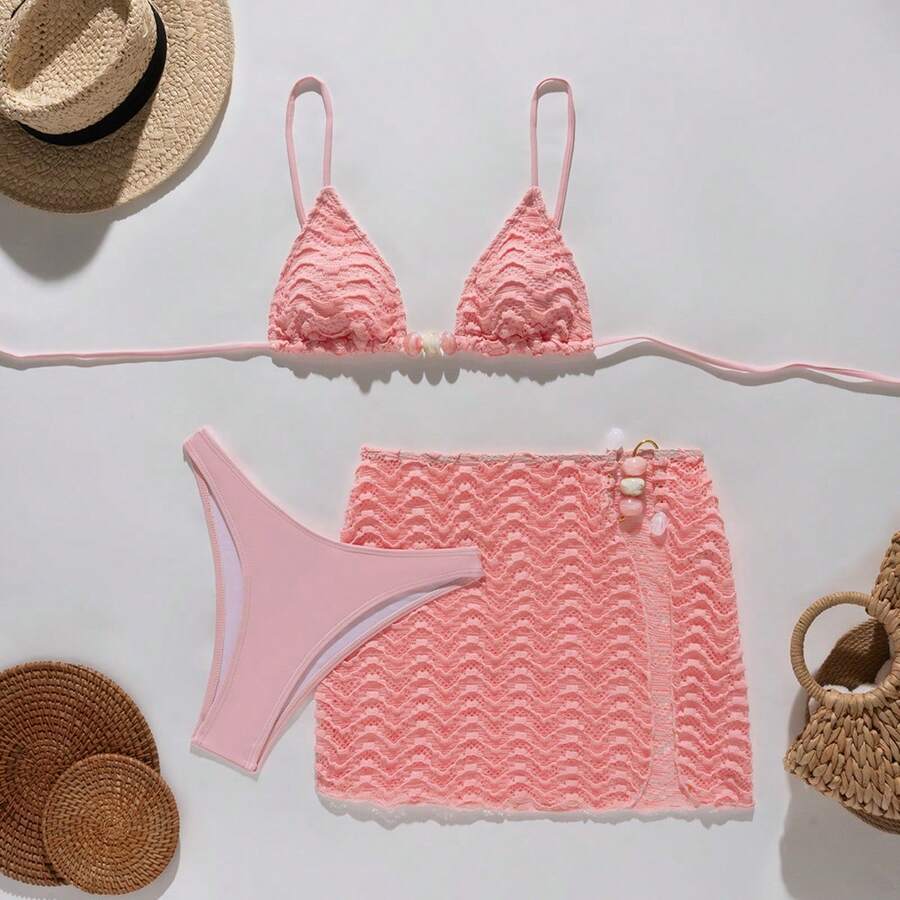Women's Solid Color Two-Piece Swimsuit, Bikini With A High-End Style And Pure Appeal, Featuring An Adjustable Three-Point Design. - Pink - View 1