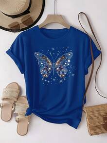 Plus Size Women's T-Shirt - Butterfly Print - Comfortable, Short Sleeve, Round Neck, Suitable For Casual Wear, Cotton T-Shirt Style, Elegant Blouses For Ladies - 藍色 - 查看 4