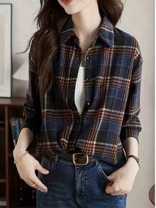 Áo sơ mi dài tay kẻ caro cài nút phía trước phong cách retro dành cho nữ, thích hợp mặc vào mùa thu - Màu xanh lam - Xem 1