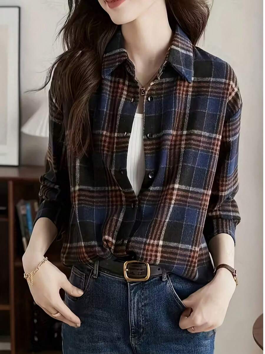 Áo sơ mi dài tay kẻ caro cài nút phía trước phong cách retro dành cho nữ, thích hợp mặc vào mùa thu - Màu xanh lam - Xem 1