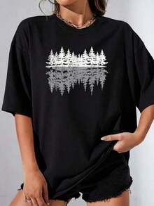 Women's Sets Outdoors Nature Trees Reflection Wildlife Forest Women's T-Shirt 100% Polyester Plus Size Casual Fun Graphic Print Short Sleeve 1 Piece Novelty Crew Neck Top - 黑色 - 查看 1