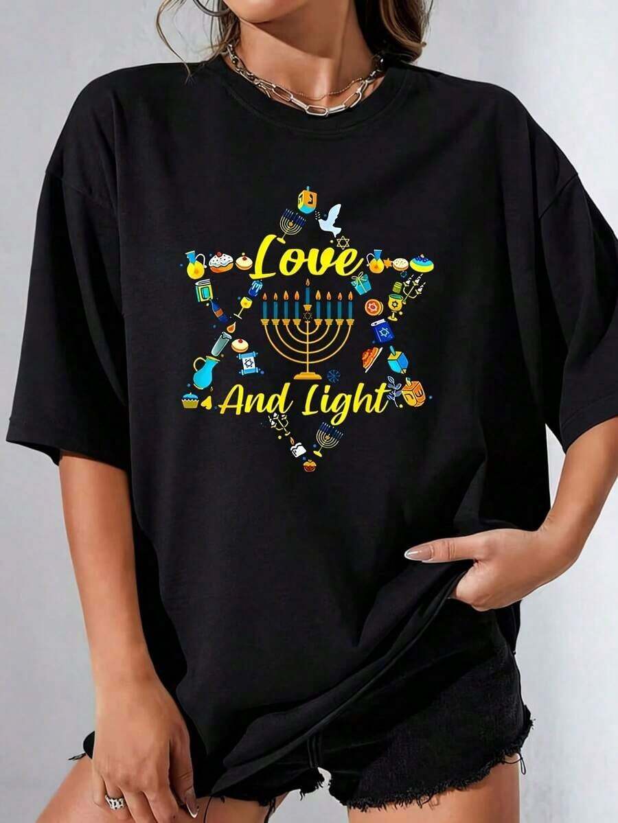 conjuntos de mujerLove And Light Camiseta de mujer 100% poliéster talla grande, informal, divertida, con estampado gráfico, manga corta, 1 pieza, cuello redondo, novedosa, playeras de mujer - Negro - Ver 1