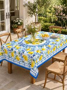 1pc-Summer Lemon Table Cover, Mediterranean Blue Floral Print Decorative Table Cloth, Wrinkle Resistant , For Kitchen Dining Room, Patio, Backyard BBQ, Garden Party, Picnic, Indoor Outdoor Summer Holiday Gathering, Easy Clean Reusable - Multicolor - View 9