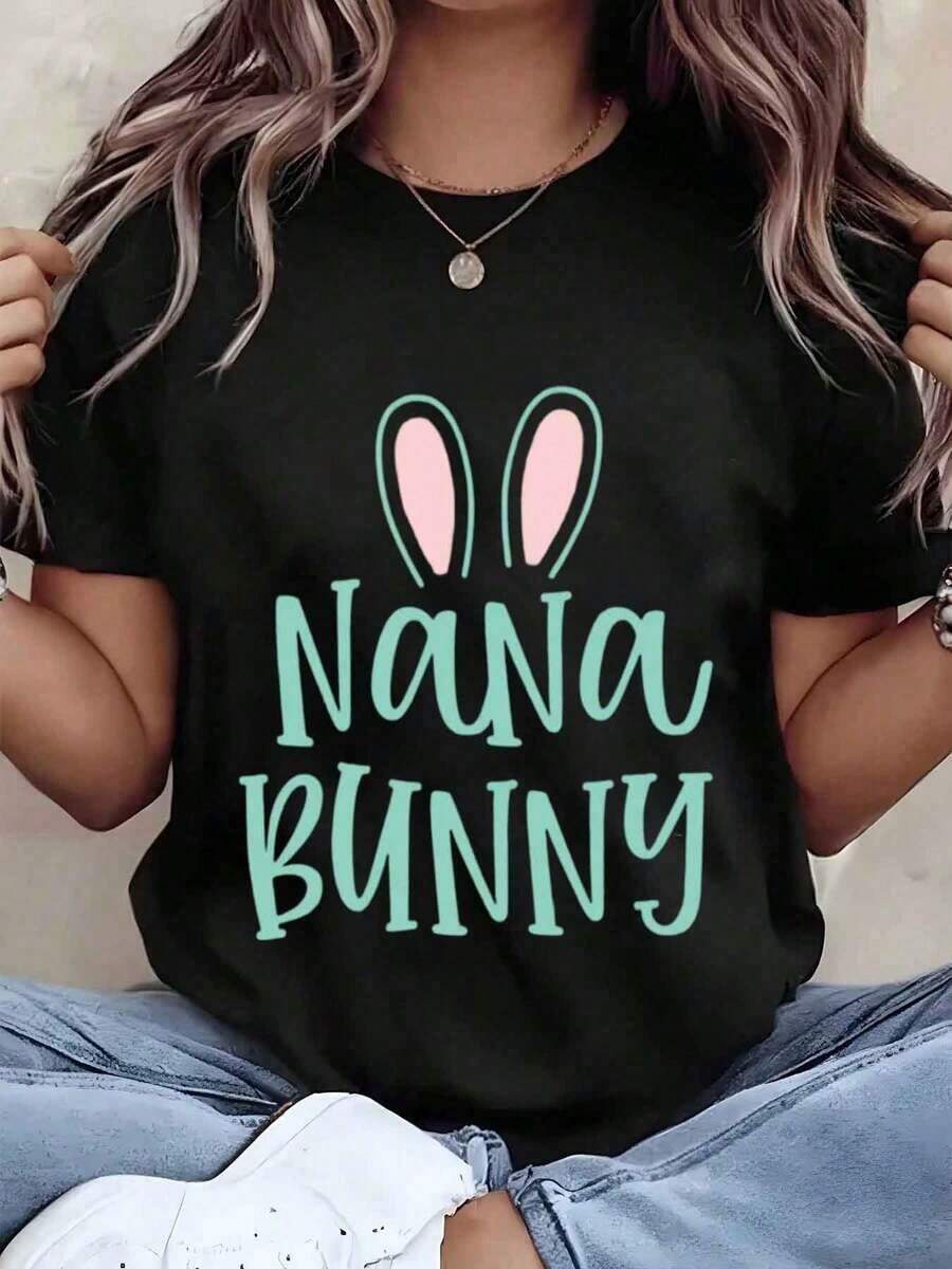 Soft, Breathable, And Lightweight For All-Day Comfort. Women's Nana Bunny Print T-Shirt, Crew Neck, Casual Style, Ideal As An Easter Gift, 220g. Classic Neckline With A Relaxed Fit That Flatters All Body Shapes And Is Easy To Pair With Jeans, Shorts, And Leggings. - 黑色 - 查看 1