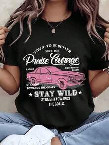 Suave, transpirable y ligera para comodidad durante todo el día. Camiseta de mujer con estampado de coche y texto "Praise Courage", cuello redondo, corte holgado, ropa casual, regalo para ella, 220g. Cuello redondo clásico con un corte relajado que favorece todas las formas del cuerpo y es fácil de combinar con jeans, pantalones cortos y leggings. - Negro - Ver 6
