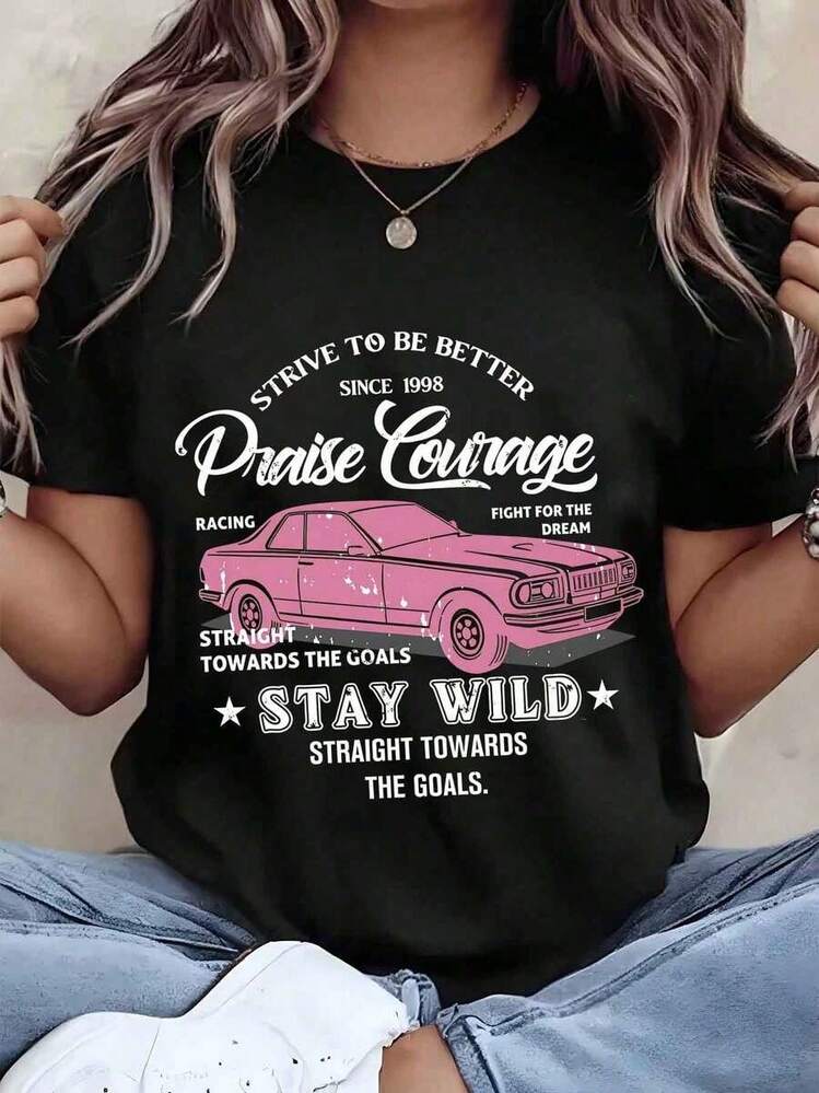 Soft, Breathable, And Lightweight For All-Day Comfort. Women's T-Shirt With Car Print And "Praise Courage" Text, Crew Neck, Relaxed Fit, Casual Wear, Gift For Her, 220g. Classic Crew Neck With A Relaxed Fit That Flatters All Body Shapes And Is Easy To Pair With Jeans, Shorts, And Leggings. - 黑色 - 查看 6