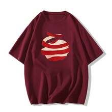 Camiseta de manga corta para mujer de algodón puro blanco, diseño nuevo de verano 2026, estilo nicho, hombro regular, corte holgado, top de moda. - Rojo vino (manzana pelada en el centro) - Ver 9