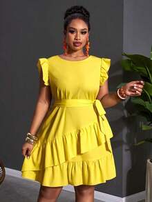 Vestido casual de talla grande con volantes en el bajo y unicolor - Amarillo - Ver 10