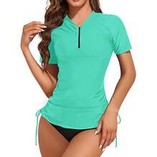 Traje de surf adelgazante de color sólido con cremallera y efecto reductor de abdomen, con diseño de triángulo fruncido, traje de baño de dos piezas para mujer. - verde menta - Ver 3