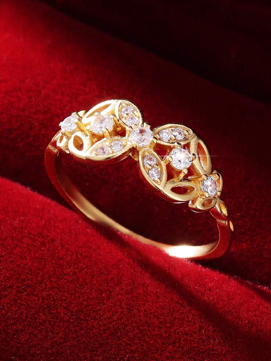 1 chiếc nhẫn nữ thiết kế hình bướm thanh lịch và độc đáo, đính đá Zirconia tổng hợp, thích hợp làm quà cầu hôn, cưới, dự tiệc hoặc quà tặng bạn gái. - Vàng - Xem 1