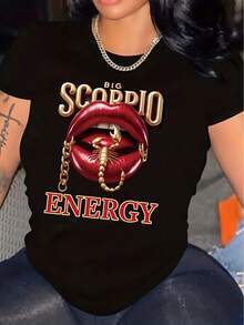 Camiseta con estampado de escorpión y labios, top casual de cuello redondo y manga corta para primavera y verano, ropa de mujer - Negro - Ver 8