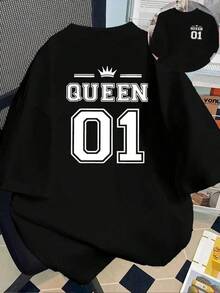 2026 Casual Printed Short Sleeve T-Shirt - QUEEN, Fashionable Spring Summer Printed T-Shirt, Fashion Item, Versatile Casual Domestic Shipping For Women, Women's Long Sleeve Blouses 1pc 180g Unisex Loose Crewneck T-Shirt - 白色 - 查看 1