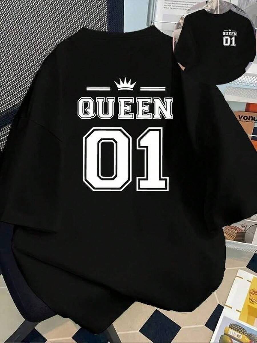 2026 Casual Printed Short Sleeve T-Shirt - QUEEN, Fashionable Spring Summer Printed T-Shirt, Fashion Item, Versatile Casual Domestic Shipping For Women, Women's Long Sleeve Blouses 1pc 180g Unisex Loose Crewneck T-Shirt - 白色 - 查看 1