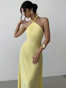 Vestido largo suelto sin mangas y sin espalda, elegante para vacaciones y fiestas, romántico y de moda para el verano, la playa - Amarillo claro - Ver 2