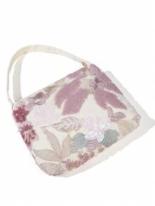 Bolso de mano magnético con decoración de malla con lentejuelas de flores y hojas, estilo casual de playa de verano, adecuado para fiesta, boda, baile de graduación (patrón aleatorio) - Rosa - Ver 5