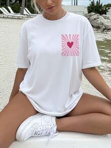 Limited Edition Graphic Print T-Shirt, Dropped Shoulders, Short Sleeves, Round Neck, Casual Style For Spring And Summer, Women's Clothing, Lightweight Cotton. - 白色 - 查看 4