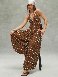 Pantalones sueltos de mujer con cordón y estampado de lunares tejido informal - Marrón - Ver 3