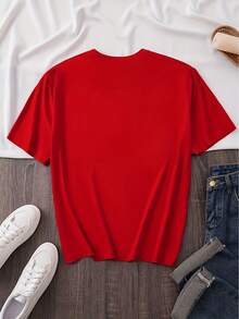 Camiseta Casual de Vacaciones para Mujer con Estampado de Letras, Manga Corta, Cuello Redondo, Top Casual para Verano y Primavera, Ropa de Marca para Mujer - Rojo - Ver 2