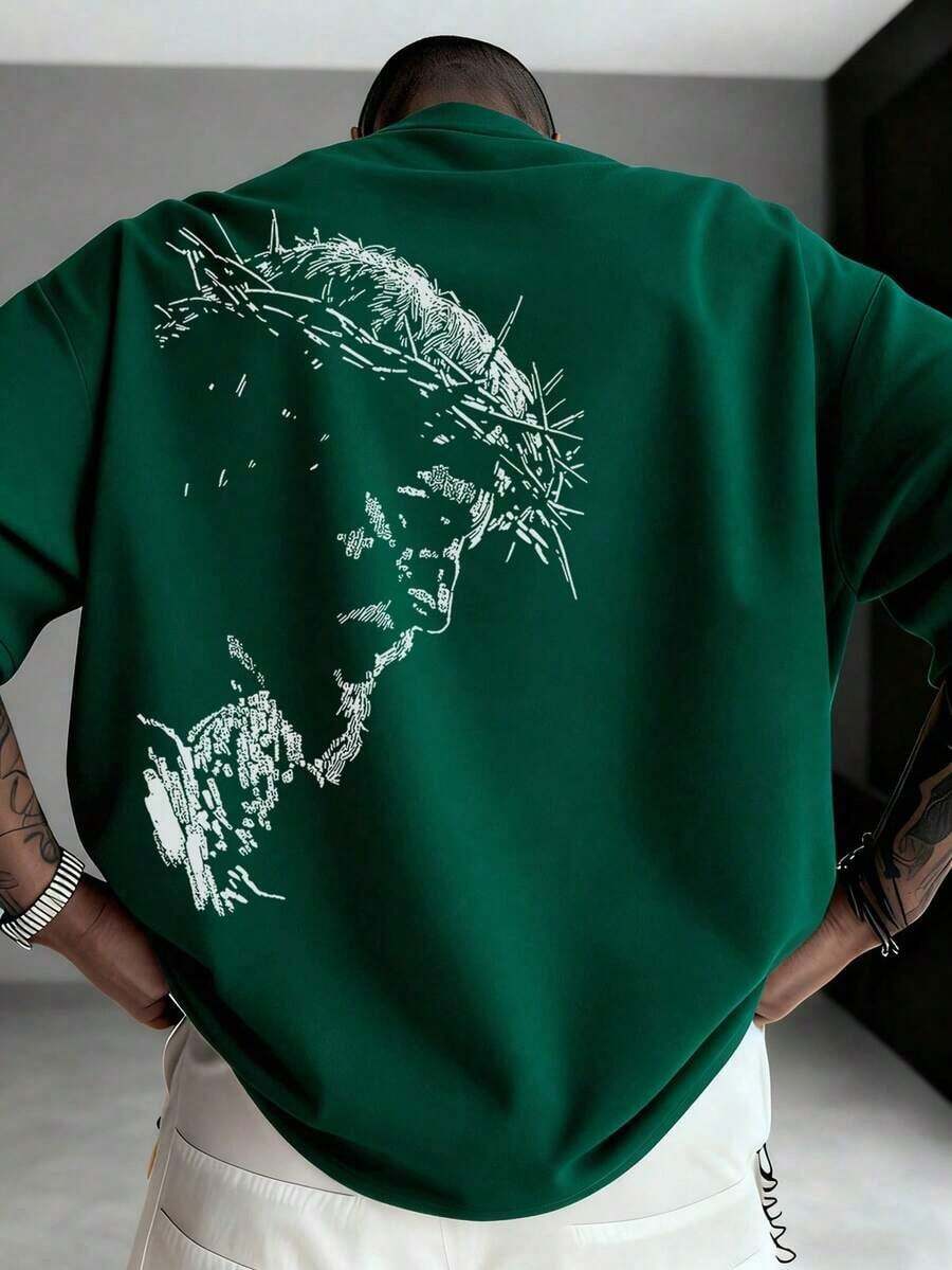Zrgoth Men's Short Sleeve T-Shirt With Minimalist Dark Portrait Graphic Print, Casual And Versatile Design By K-GLORY JAVN - 深綠色 - 查看 1