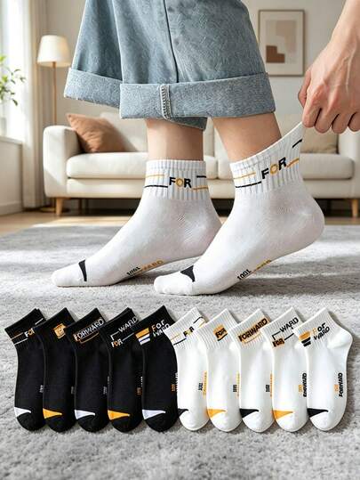 5/10/15 Pairs Men's Casual Ankle Socks, Orange "Forward" And "1001" Letter Print Color Block Design, Elastic Knit Cuff, Breathable Cotton Fabric, Moisture-Wicking, Suitable For Daily Wear, Running, Gym, Casual Outings
