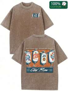 Camiseta Old Row con Estampado Gráfico de Lata de Cerveza Vintage de Doble Cara - Camiseta Unisex Lavada de Corte Holgado y Manga Corta, Estilo Retro Casual de Verano con Diseño Lavable a Máquina, Camiseta para Uso Diario |   Camisa de textura suave (estilo retro, unisex, de peso pesado) - Color café - Ver 7