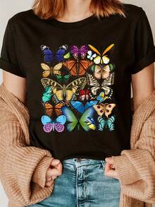 Camiseta Semitransparente para Mujer con Estampado de Mariposas Coloridas - Ligera, de Manga Corta y Cuello Redondo, Estilo Casual, Lavable a Máquina, para Verano y Primavera, con Diseño Vibrante, Ropa Cómoda para Uso Diario, Camiseta con Motivo Artístico, Tela para Todas las Temporadas - Negro - Ver 1
