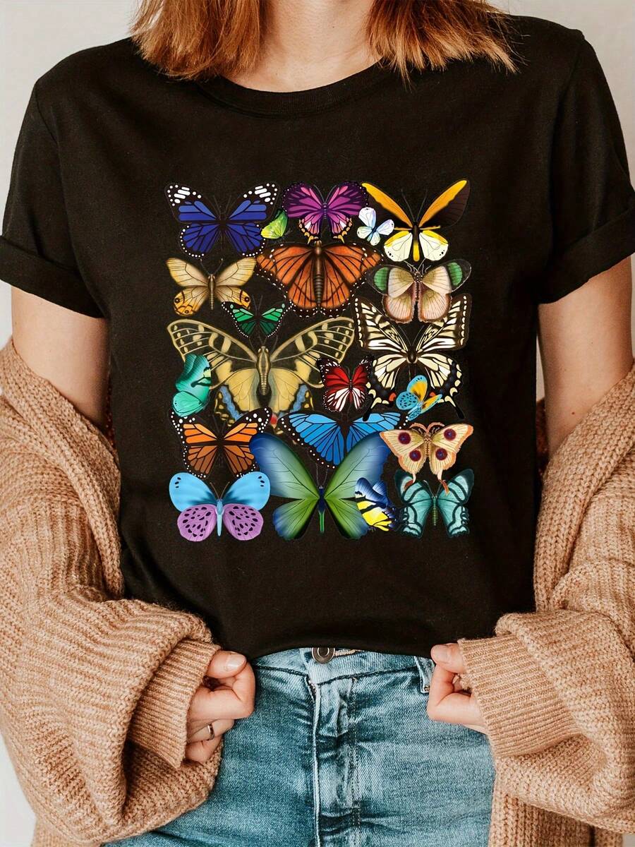 Camiseta Semitransparente para Mujer con Estampado de Mariposas Coloridas - Ligera, de Manga Corta y Cuello Redondo, Estilo Casual, Lavable a Máquina, para Verano y Primavera, con Diseño Vibrante, Ropa Cómoda para Uso Diario, Camiseta con Motivo Artístico, Tela para Todas las Temporadas - Negro - Ver 1