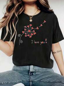 Camiseta Estampada Con Cuello Redondo - Camiseta Estampada Gráfica De Modara Mujer - Camiseta Informal De Manga Corta Con Cuello Redondo - Ligera Y Transpirable Para Guardarropa De Primera Y - Negro - Ver 1