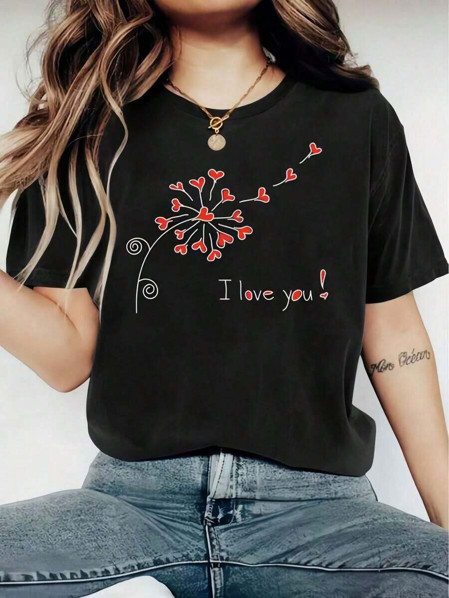 Camiseta Estampada Con Cuello Redondo - Camiseta Estampada Gráfica De Modara Mujer - Camiseta Informal De Manga Corta Con Cuello Redondo - Ligera Y Transpirable Para Guardarropa De Primera Y - Negro - Ver 1