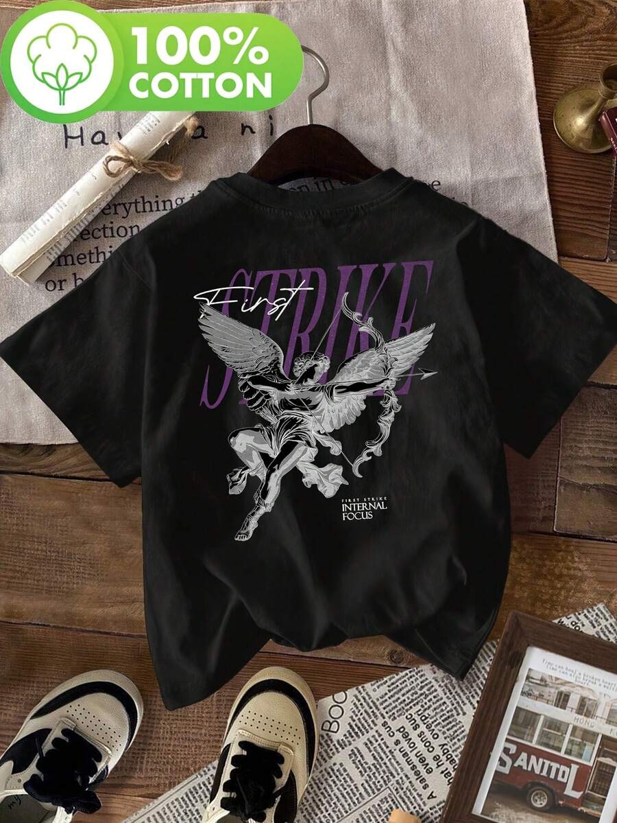 Camiseta Retro Y2K para Mujer - Estampado Ángel y STRIKE en la Espalda, Manga Corta Cuello Redondo, Diseño Blanco con Morado y , Ajuste Regular, Moda Urbana Hip Hop, Top Crop, Lavable a Máquina, Material Suave, Camiseta Casual de Verano Primavera, Estilo Streetwear, Para Aficionados a la Moda - Negro - Ver 1