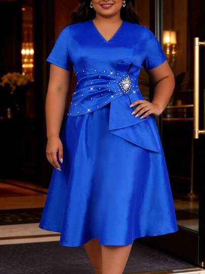Plus Size Blue A Line Midi Dress With V Neck Short Sleeves Beaded Ruffle Flared Hem Elegant Summer Birthday Evening Party Gown For Women Wedding