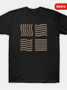 Camiseta vintage con estampado de líneas onduladas abstractas en negro, corte holgado informal, mangas cortas y cuello redondo, camiseta unisex cómoda, adecuada para el hogar, uso diario, fiestas y viajes-perfecta como regalo para amigos o familiares. - Negro - Ver 1