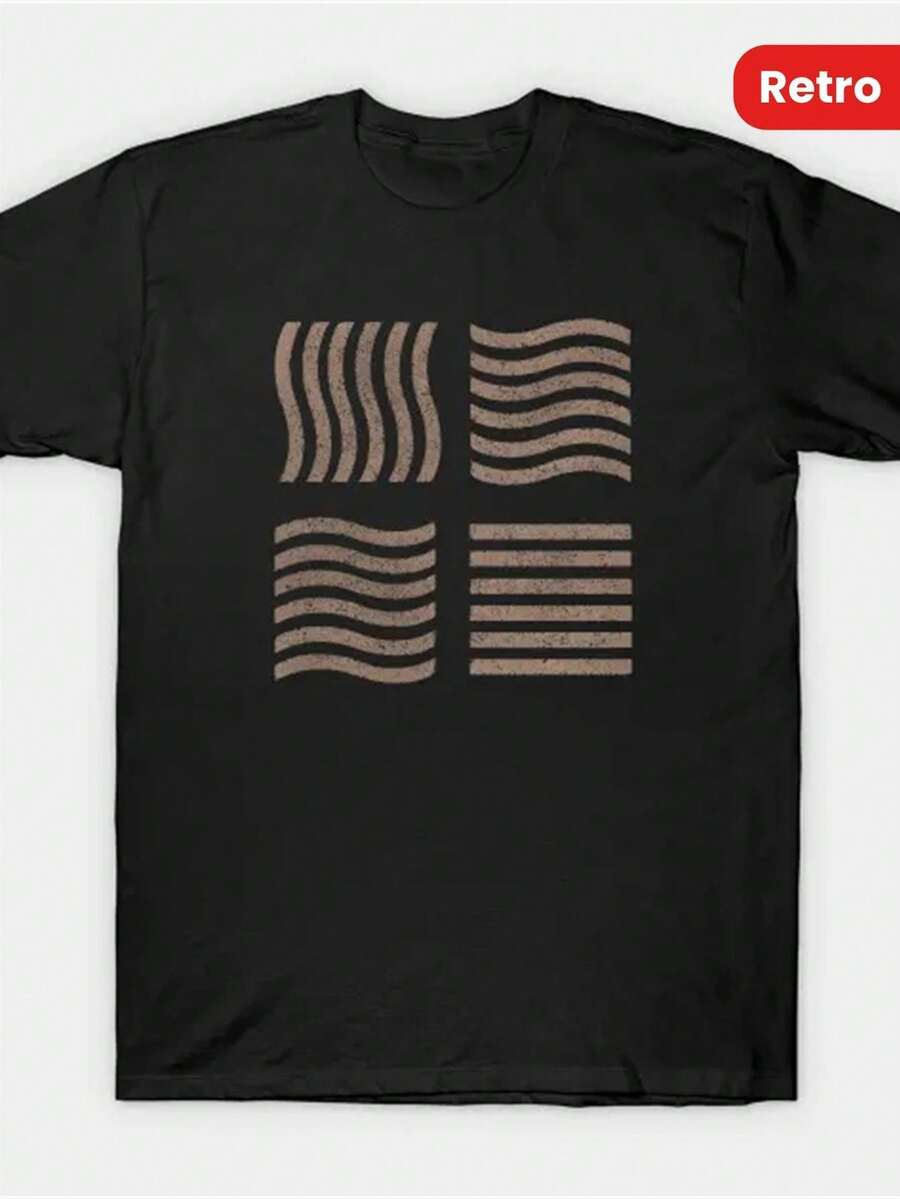 Camiseta vintage con estampado de líneas onduladas abstractas en negro, corte holgado informal, mangas cortas y cuello redondo, camiseta unisex cómoda, adecuada para el hogar, uso diario, fiestas y viajes-perfecta como regalo para amigos o familiares. - Negro - Ver 1