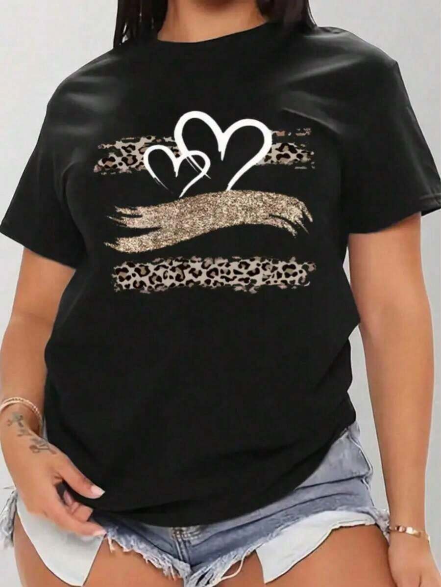 short sleevesCamiseta de Mujer Roja con Estampado de Leopardo y Corazón Brillante, Manga Corta y Cuello Redondo para Verano y Primavera, Tejido de Punto de Poliéster, Diseño Audaz y ElegantL - Negro - Ver 1