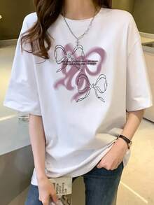 Camiseta de verano de manga corta para mujer con estampado de dibujos animados, camiseta de manga corta de algodón puro, top, camiseta básica. # 3333blusas para mujer - Blanco - Ver 6