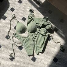 Nuevo traje de baño de tres piezas de tela especial, de cintura alta, sexy y atractivo para chicas. - rosa - Ver 4