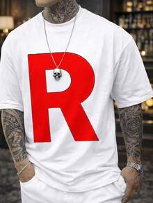 Camiseta de hombre de talla grande con estampado 'R' rojo - Camiseta de cuello redondo de corte holgado con letras negras, lavable a máquina, camisa casual adecuada para todas las estaciones, elemento esencial del guardarropa básico. - Blanco - Ver 1