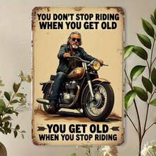 1pc 2D Flat - 30.48x20.32 Cm Vintage Motorcycle Metal Iron Sign - "You Don't Stop Riding When You Get Old" Inspirational Rider Design, Rustic Yellow Wall Art For Home Decor, Bar, Cafe, Garage - Durable Metal Material, Bar Wall Art | Vintage Motorcycle Art | Durable Metal Sign, Motorcycle Decor, Pre-Drilled Holes As Shown In Size Chart - Multicolor - View 1