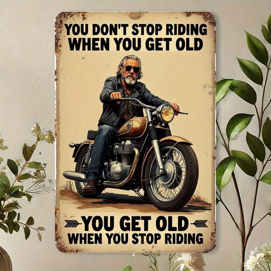 1pc 2D Flat - 30.48x20.32 Cm Vintage Motorcycle Metal Iron Sign - "You Don't Stop Riding When You Get Old" Inspirational Rider Design, Rustic Yellow Wall Art For Home Decor, Bar, Cafe, Garage - Durable Metal Material, Bar Wall Art | Vintage Motorcycle Art | Durable Metal Sign, Motorcycle Decor, Pre-Drilled Holes As Shown In Size Chart - Multicolor - View 1