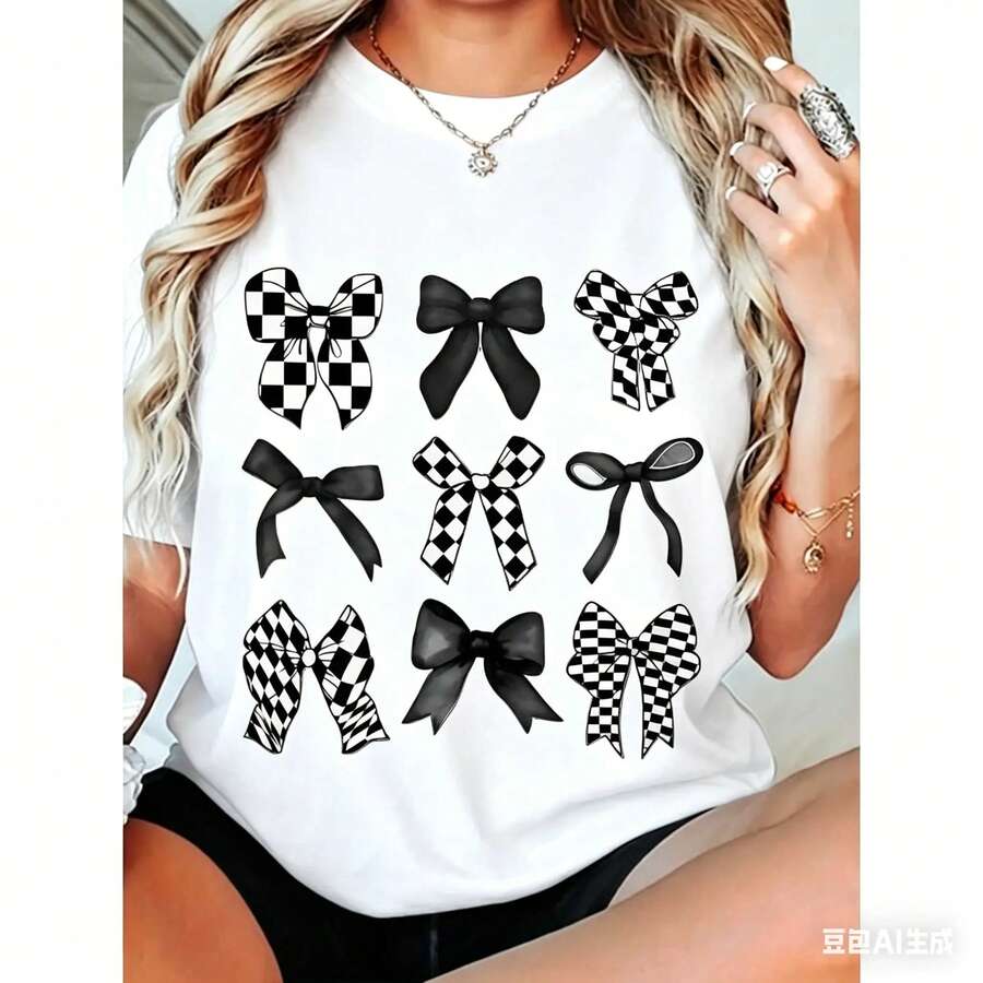 Ropa de Mujer de Talla Grande, Camiseta Casual con Estampado de Lazo - Manga Corta, Cuello Redondo, Lavable a Máquina, Tops de Moda Primavera-Verano, Camiseta Casual de Primavera |     Camiseta de cuello redondo - Blanco - Ver 1