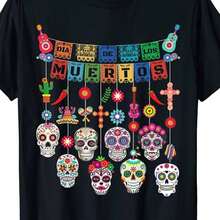 Camiseta de algodón de peso pesado con tema de Día de Muertos, letras coloreadas, esqueletos dulces y decoraciones típicas. Perfecta para fiestas, amantes de la cultura mexicana. - negro - Ver 7