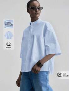 de diseño versátil y casual de serie esencial con sensación de lujo minimalista, con cuello redondo, hombros caídos y diseño suelto, silueta corta por delante y larga por detrás, de estilo urbano moderno y elegante para oficina, ideal para bod - Azul - Ver 1